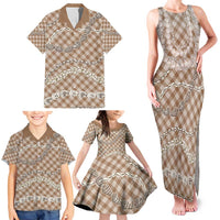 Brown Aloha Hawaii Shell Lei Family Matching Tank Maxi Dress and Hawaiian Shirt Palaka Hebrew Cone Honey Cowrie Elegant Curves - Polynesian Pride