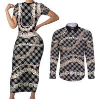 Black Aloha Hawaii Shell Lei Couples Matching Short Sleeve Bodycon Dress and Long Sleeve Button Shirt Palaka Hebrew Cone Honey Cowrie Elegant Curves - Polynesian Pride