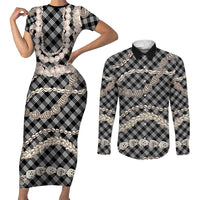 Black Aloha Hawaii Shell Lei Couples Matching Short Sleeve Bodycon Dress and Long Sleeve Button Shirt Palaka Hebrew Cone Honey Cowrie Elegant Curves - Polynesian Pride
