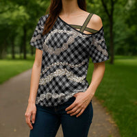 Black Aloha Hawaii Shell Lei Cross Shoulder Shirt Palaka Hebrew Cone Honey Cowrie Elegant Curves - Polynesian Pride