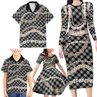 Black Aloha Hawaii Shell Lei Family Matching Long Sleeve Bodycon Dress and Hawaiian Shirt Palaka Hebrew Cone Honey Cowrie Elegant Curves - Polynesian Pride