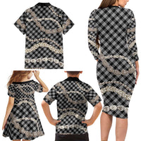 Black Aloha Hawaii Shell Lei Family Matching Long Sleeve Bodycon Dress and Hawaiian Shirt Palaka Hebrew Cone Honey Cowrie Elegant Curves - Polynesian Pride