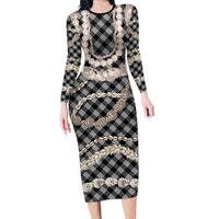 Black Aloha Hawaii Shell Lei Family Matching Long Sleeve Bodycon Dress and Hawaiian Shirt Palaka Hebrew Cone Honey Cowrie Elegant Curves - Polynesian Pride