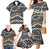 Black Aloha Hawaii Shell Lei Family Matching Mermaid Dress and Hawaiian Shirt Palaka Hebrew Cone Honey Cowrie Elegant Curves - Polynesian Pride
