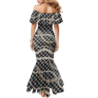 Black Aloha Hawaii Shell Lei Family Matching Mermaid Dress and Hawaiian Shirt Palaka Hebrew Cone Honey Cowrie Elegant Curves - Polynesian Pride