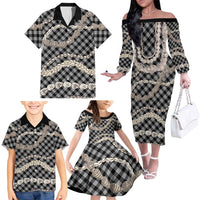 Black Aloha Hawaii Shell Lei Family Matching Off The Shoulder Long Sleeve Dress and Hawaiian Shirt Palaka Hebrew Cone Honey Cowrie Elegant Curves - Polynesian Pride