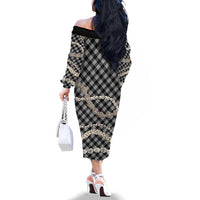 Black Aloha Hawaii Shell Lei Family Matching Off The Shoulder Long Sleeve Dress and Hawaiian Shirt Palaka Hebrew Cone Honey Cowrie Elegant Curves - Polynesian Pride
