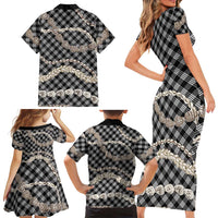Black Aloha Hawaii Shell Lei Family Matching Short Sleeve Bodycon Dress and Hawaiian Shirt Palaka Hebrew Cone Honey Cowrie Elegant Curves - Polynesian Pride