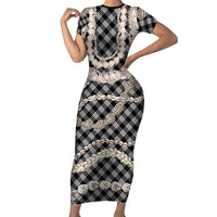 Black Aloha Hawaii Shell Lei Family Matching Short Sleeve Bodycon Dress and Hawaiian Shirt Palaka Hebrew Cone Honey Cowrie Elegant Curves - Polynesian Pride