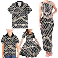 Black Aloha Hawaii Shell Lei Family Matching Tank Maxi Dress and Hawaiian Shirt Palaka Hebrew Cone Honey Cowrie Elegant Curves - Polynesian Pride