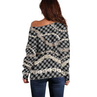 Black Aloha Hawaii Shell Lei Off Shoulder Sweater Palaka Hebrew Cone Honey Cowrie Elegant Curves - Polynesian Pride