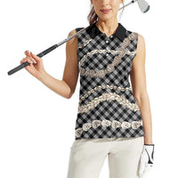 Black Aloha Hawaii Shell Lei Women Sleeveless Polo Shirt Palaka Hebrew Cone Honey Cowrie Elegant Curves - Polynesian Pride