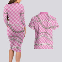 Pink Aloha Hawaii Shell Lei Couples Matching Long Sleeve Bodycon Dress and Hawaiian Shirt Palaka Hebrew Cone Honey Cowrie Elegant Curves - Polynesian Pride