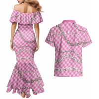 Pink Aloha Hawaii Shell Lei Couples Matching Mermaid Dress and Hawaiian Shirt Palaka Hebrew Cone Honey Cowrie Elegant Curves - Polynesian Pride