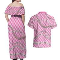 Pink Aloha Hawaii Shell Lei Couples Matching Off Shoulder Maxi Dress and Hawaiian Shirt Palaka Hebrew Cone Honey Cowrie Elegant Curves - Polynesian Pride
