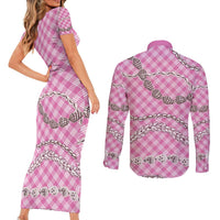 Pink Aloha Hawaii Shell Lei Couples Matching Short Sleeve Bodycon Dress and Long Sleeve Button Shirt Palaka Hebrew Cone Honey Cowrie Elegant Curves - Polynesian Pride