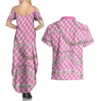 Pink Aloha Hawaii Shell Lei Couples Matching Summer Maxi Dress and Hawaiian Shirt Palaka Hebrew Cone Honey Cowrie Elegant Curves - Polynesian Pride