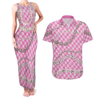 Pink Aloha Hawaii Shell Lei Couples Matching Tank Maxi Dress and Hawaiian Shirt Palaka Hebrew Cone Honey Cowrie Elegant Curves - Polynesian Pride