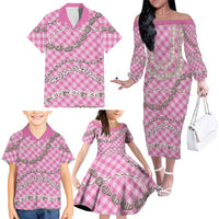 Pink Aloha Hawaii Shell Lei Family Matching Off The Shoulder Long Sleeve Dress and Hawaiian Shirt Palaka Hebrew Cone Honey Cowrie Elegant Curves - Polynesian Pride