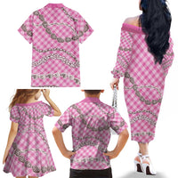 Pink Aloha Hawaii Shell Lei Family Matching Off The Shoulder Long Sleeve Dress and Hawaiian Shirt Palaka Hebrew Cone Honey Cowrie Elegant Curves - Polynesian Pride