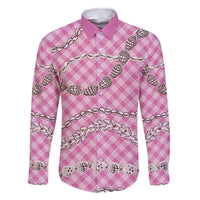 Pink Aloha Hawaii Shell Lei Family Matching Off Shoulder Maxi Dress and Hawaiian Shirt Palaka Hebrew Cone Honey Cowrie Elegant Curves - Polynesian Pride