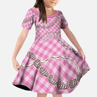 Pink Aloha Hawaii Shell Lei Family Matching Off Shoulder Short Dress and Hawaiian Shirt Palaka Hebrew Cone Honey Cowrie Elegant Curves - Polynesian Pride