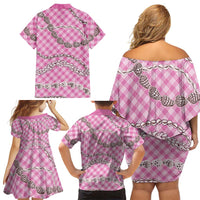 Pink Aloha Hawaii Shell Lei Family Matching Off Shoulder Short Dress and Hawaiian Shirt Palaka Hebrew Cone Honey Cowrie Elegant Curves - Polynesian Pride