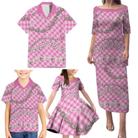 Pink Aloha Hawaii Shell Lei Family Matching Puletasi and Hawaiian Shirt Palaka Hebrew Cone Honey Cowrie Elegant Curves - Polynesian Pride