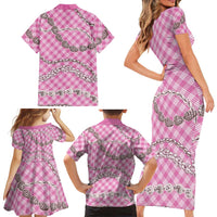 Pink Aloha Hawaii Shell Lei Family Matching Short Sleeve Bodycon Dress and Hawaiian Shirt Palaka Hebrew Cone Honey Cowrie Elegant Curves - Polynesian Pride