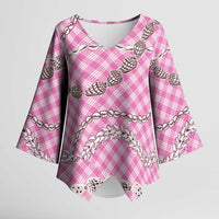 Pink Aloha Hawaii Shell Lei Kimono Sleeve Blouse Palaka Hebrew Cone Honey Cowrie Elegant Curves - Polynesian Pride