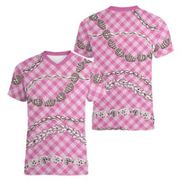 Pink Aloha Hawaii Shell Lei Women V-Neck T-Shirt Palaka Hebrew Cone Honey Cowrie Elegant Curves - Polynesian Pride