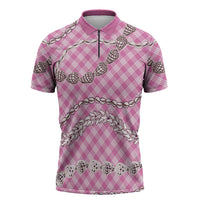 Pink Aloha Hawaii Shell Lei Zipper Polo Shirt Palaka Hebrew Cone Honey Cowrie Elegant Curves - Polynesian Pride
