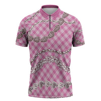 Pink Aloha Hawaii Shell Lei Zipper Polo Shirt Palaka Hebrew Cone Honey Cowrie Elegant Curves - Polynesian Pride