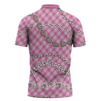 Pink Aloha Hawaii Shell Lei Zipper Polo Shirt Palaka Hebrew Cone Honey Cowrie Elegant Curves - Polynesian Pride