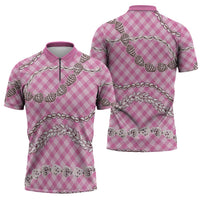 Pink Aloha Hawaii Shell Lei Zipper Polo Shirt Palaka Hebrew Cone Honey Cowrie Elegant Curves - Polynesian Pride