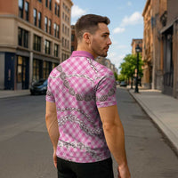 Pink Aloha Hawaii Shell Lei Zipper Polo Shirt Palaka Hebrew Cone Honey Cowrie Elegant Curves - Polynesian Pride