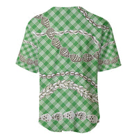 Green Aloha Hawaii Shell Lei Baseball Jersey Palaka Hebrew Cone Honey Cowrie Elegant Curves - Polynesian Pride