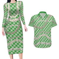 Green Aloha Hawaii Shell Lei Couples Matching Long Sleeve Bodycon Dress and Hawaiian Shirt Palaka Hebrew Cone Honey Cowrie Elegant Curves - Polynesian Pride