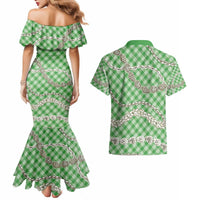 Green Aloha Hawaii Shell Lei Couples Matching Mermaid Dress and Hawaiian Shirt Palaka Hebrew Cone Honey Cowrie Elegant Curves - Polynesian Pride