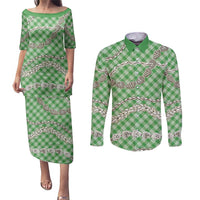 Green Aloha Hawaii Shell Lei Couples Matching Puletasi and Long Sleeve Button Shirt Palaka Hebrew Cone Honey Cowrie Elegant Curves - Polynesian Pride