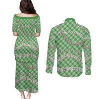 Green Aloha Hawaii Shell Lei Couples Matching Puletasi and Long Sleeve Button Shirt Palaka Hebrew Cone Honey Cowrie Elegant Curves - Polynesian Pride