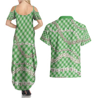 Green Aloha Hawaii Shell Lei Couples Matching Summer Maxi Dress and Hawaiian Shirt Palaka Hebrew Cone Honey Cowrie Elegant Curves - Polynesian Pride