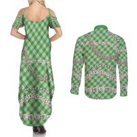 Green Aloha Hawaii Shell Lei Couples Matching Summer Maxi Dress and Long Sleeve Button Shirt Palaka Hebrew Cone Honey Cowrie Elegant Curves - Polynesian Pride