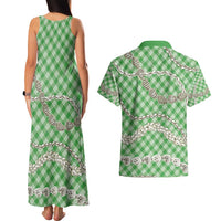 Green Aloha Hawaii Shell Lei Couples Matching Tank Maxi Dress and Hawaiian Shirt Palaka Hebrew Cone Honey Cowrie Elegant Curves - Polynesian Pride