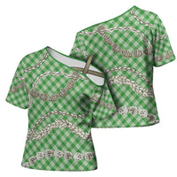 Green Aloha Hawaii Shell Lei Cross Shoulder Shirt Palaka Hebrew Cone Honey Cowrie Elegant Curves - Polynesian Pride