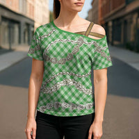 Green Aloha Hawaii Shell Lei Cross Shoulder Shirt Palaka Hebrew Cone Honey Cowrie Elegant Curves - Polynesian Pride