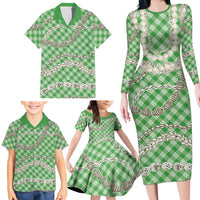 Green Aloha Hawaii Shell Lei Family Matching Long Sleeve Bodycon Dress and Hawaiian Shirt Palaka Hebrew Cone Honey Cowrie Elegant Curves - Polynesian Pride