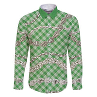 Green Aloha Hawaii Shell Lei Family Matching Long Sleeve Bodycon Dress and Hawaiian Shirt Palaka Hebrew Cone Honey Cowrie Elegant Curves - Polynesian Pride