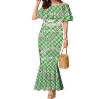 Green Aloha Hawaii Shell Lei Family Matching Mermaid Dress and Hawaiian Shirt Palaka Hebrew Cone Honey Cowrie Elegant Curves - Polynesian Pride
