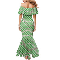 Green Aloha Hawaii Shell Lei Family Matching Mermaid Dress and Hawaiian Shirt Palaka Hebrew Cone Honey Cowrie Elegant Curves - Polynesian Pride